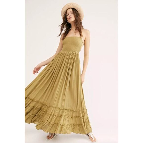Free People Smocked Maxi Dress XL Olive Khaki Boho Gauze Summer Beach Vacation - Picture 3 of 12
